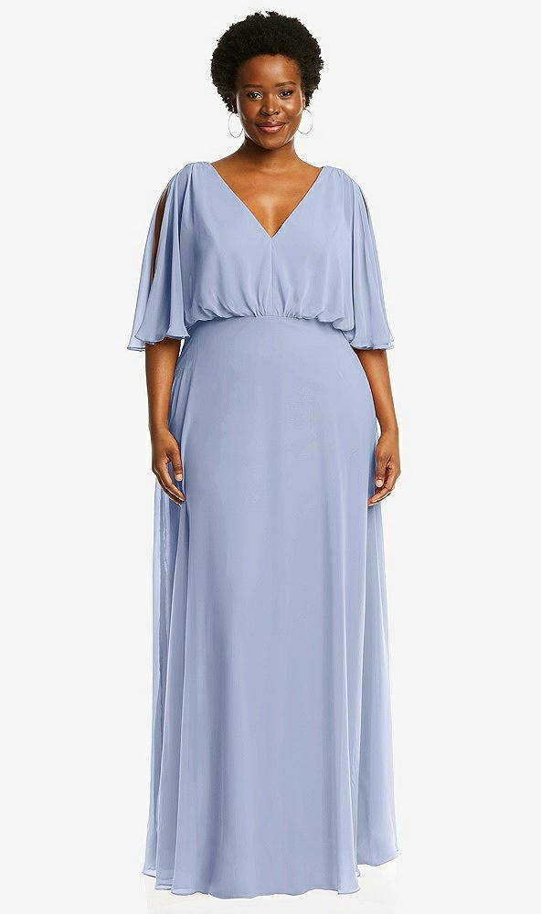 Front View - Sky Blue V-Neck Split Sleeve Blouson Bodice Maxi Dress