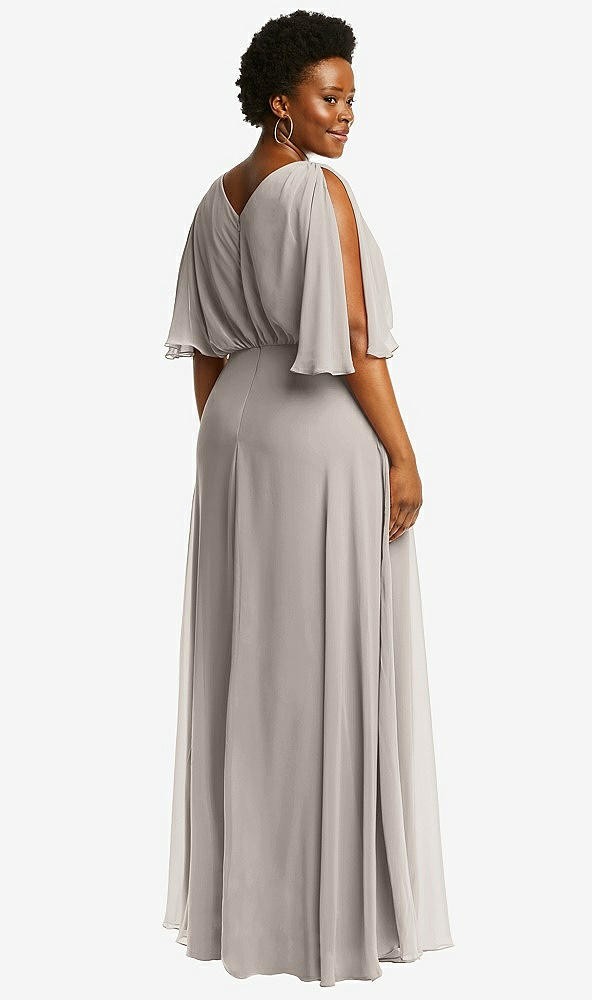 Back View - Taupe V-Neck Split Sleeve Blouson Bodice Maxi Dress