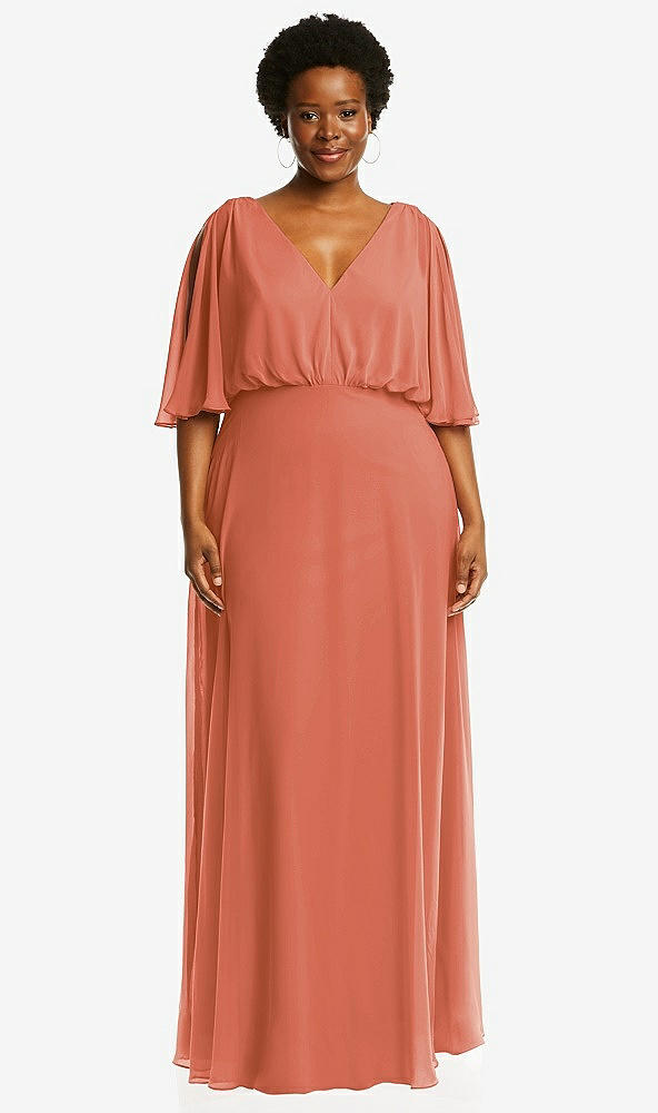 Front View - Terracotta Copper V-Neck Split Sleeve Blouson Bodice Maxi Dress