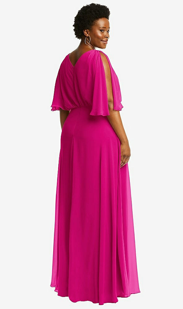 Back View - Think Pink V-Neck Split Sleeve Blouson Bodice Maxi Dress