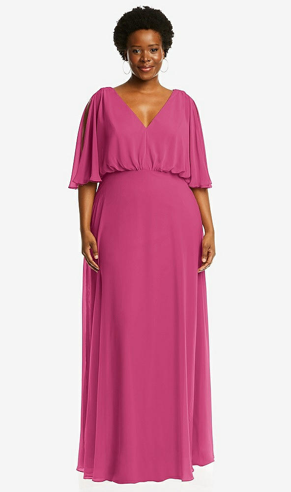 Front View - Tea Rose V-Neck Split Sleeve Blouson Bodice Maxi Dress