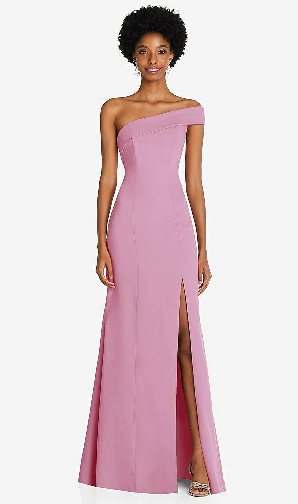 Front View - Powder Pink Asymmetrical Off-the-Shoulder Cuff Trumpet Gown With Front Slit