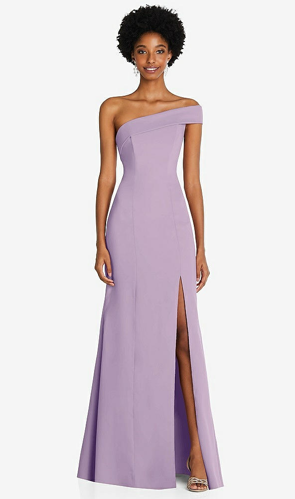 Front View - Pale Purple Asymmetrical Off-the-Shoulder Cuff Trumpet Gown With Front Slit