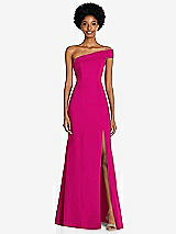 Front View Thumbnail - Think Pink Asymmetrical Off-the-Shoulder Cuff Trumpet Gown With Front Slit