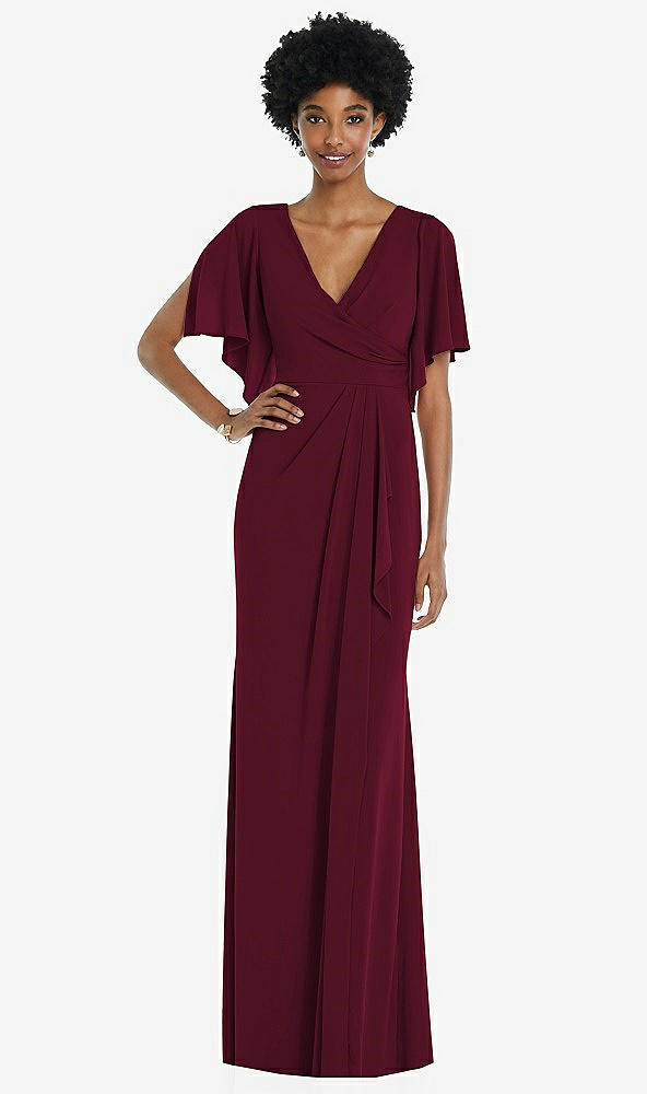 Front View - Cabernet Faux Wrap Split Sleeve Maxi Dress with Cascade Skirt