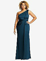 Front View Thumbnail - Atlantic Blue One-Shoulder Draped Twist Empire Waist Trumpet Gown