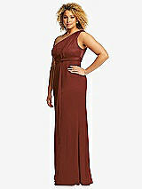 Side View Thumbnail - Auburn Moon One-Shoulder Draped Twist Empire Waist Trumpet Gown