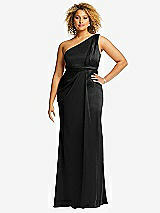 Front View Thumbnail - Black One-Shoulder Draped Twist Empire Waist Trumpet Gown