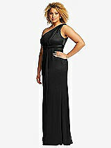 Side View Thumbnail - Black One-Shoulder Draped Twist Empire Waist Trumpet Gown