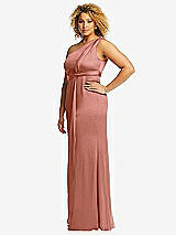 Side View Thumbnail - Desert Rose One-Shoulder Draped Twist Empire Waist Trumpet Gown