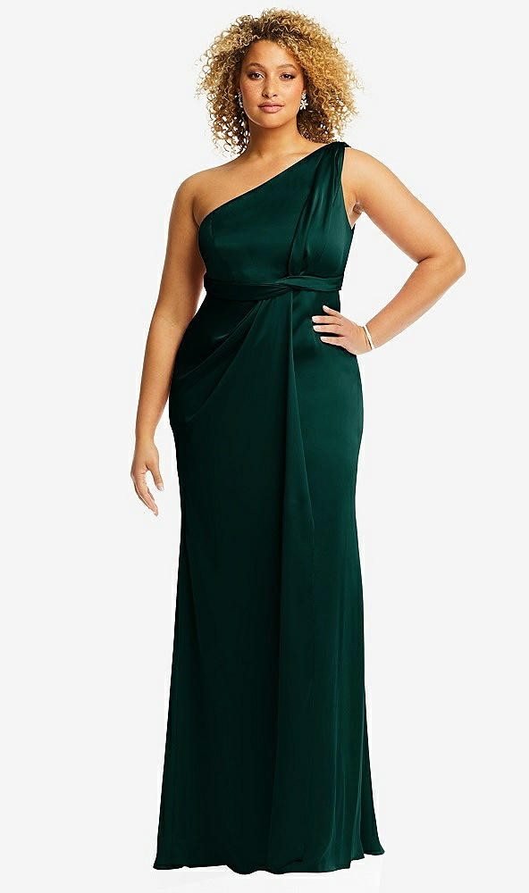 Front View - Evergreen One-Shoulder Draped Twist Empire Waist Trumpet Gown