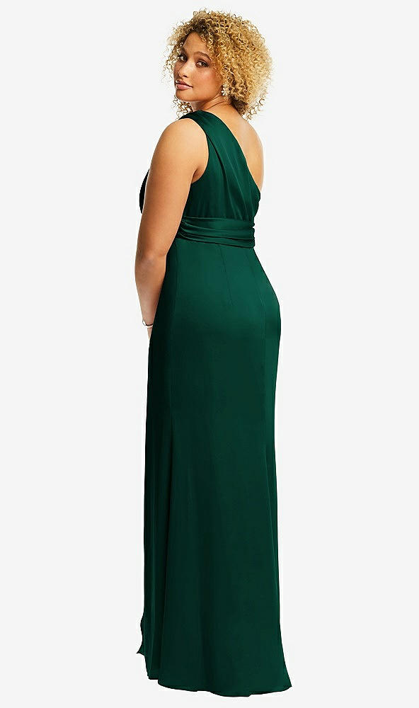 Back View - Hunter Green One-Shoulder Draped Twist Empire Waist Trumpet Gown