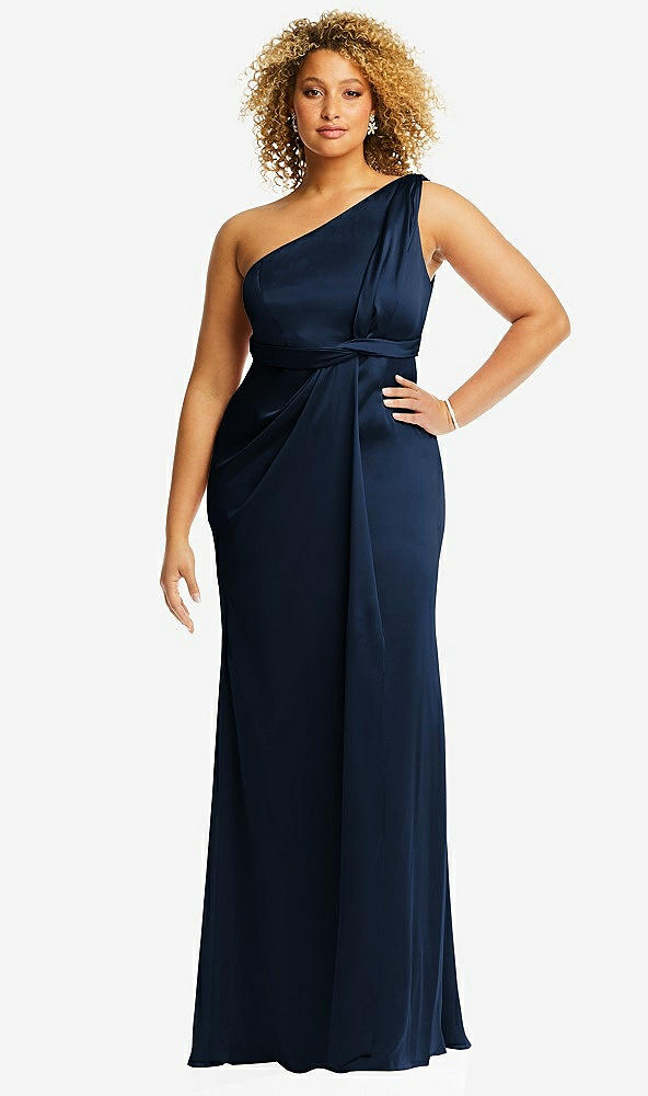 Front View - Midnight Navy One-Shoulder Draped Twist Empire Waist Trumpet Gown