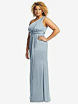 Side View Thumbnail - Mist One-Shoulder Draped Twist Empire Waist Trumpet Gown