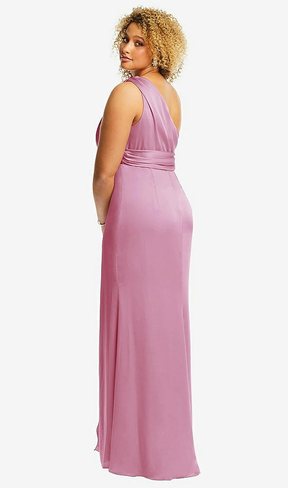 Back View - Powder Pink One-Shoulder Draped Twist Empire Waist Trumpet Gown