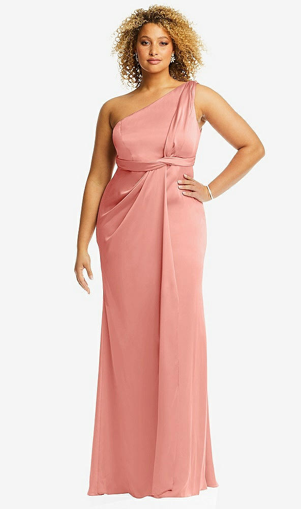 Front View - Rose - PANTONE Rose Quartz One-Shoulder Draped Twist Empire Waist Trumpet Gown