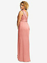 Rear View Thumbnail - Rose - PANTONE Rose Quartz One-Shoulder Draped Twist Empire Waist Trumpet Gown