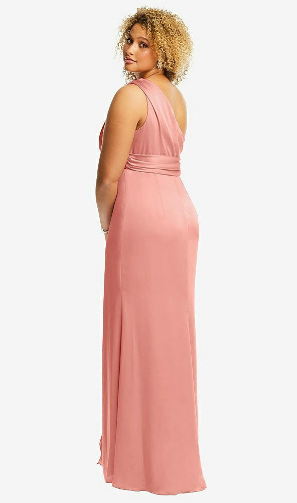 Back View - Rose - PANTONE Rose Quartz One-Shoulder Draped Twist Empire Waist Trumpet Gown