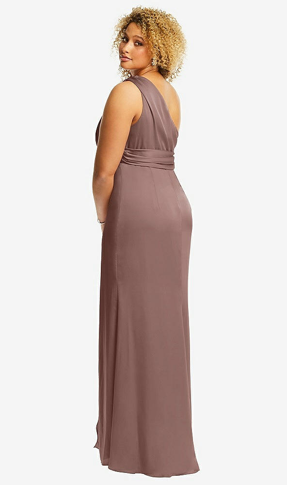 Back View - Sienna One-Shoulder Draped Twist Empire Waist Trumpet Gown