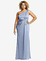 Front View Thumbnail - Sky Blue One-Shoulder Draped Twist Empire Waist Trumpet Gown