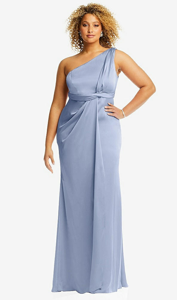 Front View - Sky Blue One-Shoulder Draped Twist Empire Waist Trumpet Gown