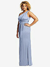 Side View Thumbnail - Sky Blue One-Shoulder Draped Twist Empire Waist Trumpet Gown