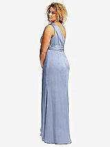 Rear View Thumbnail - Sky Blue One-Shoulder Draped Twist Empire Waist Trumpet Gown