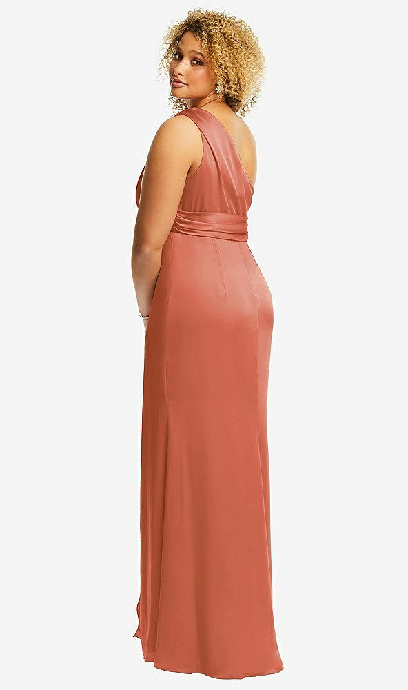 Back View - Terracotta Copper One-Shoulder Draped Twist Empire Waist Trumpet Gown