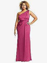 Front View Thumbnail - Tea Rose One-Shoulder Draped Twist Empire Waist Trumpet Gown