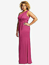 Side View Thumbnail - Tea Rose One-Shoulder Draped Twist Empire Waist Trumpet Gown