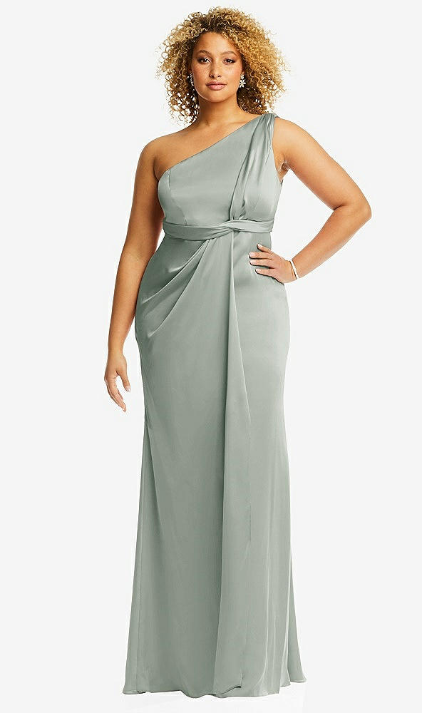 Front View - Willow Green One-Shoulder Draped Twist Empire Waist Trumpet Gown