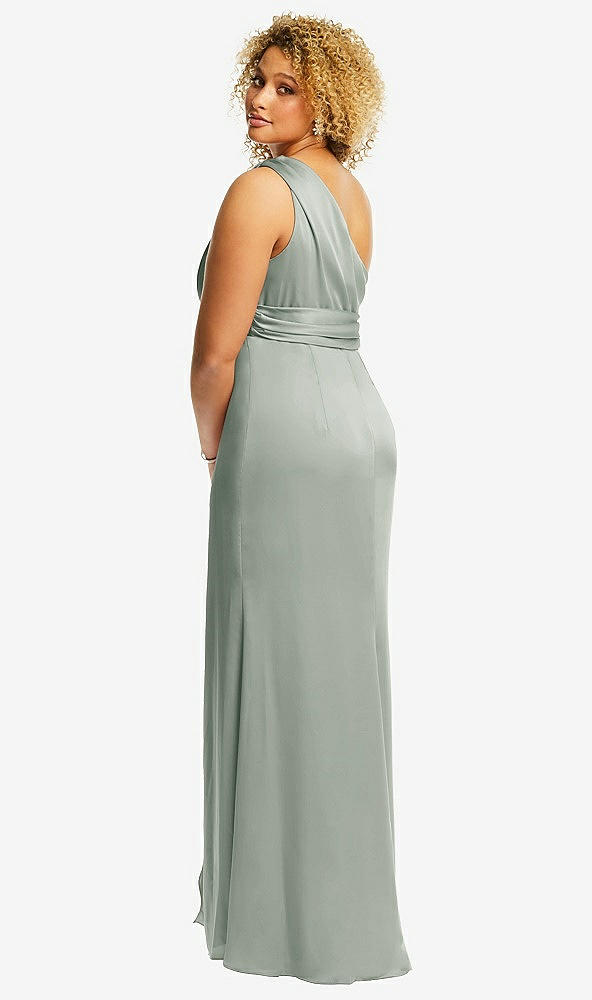 Back View - Willow Green One-Shoulder Draped Twist Empire Waist Trumpet Gown