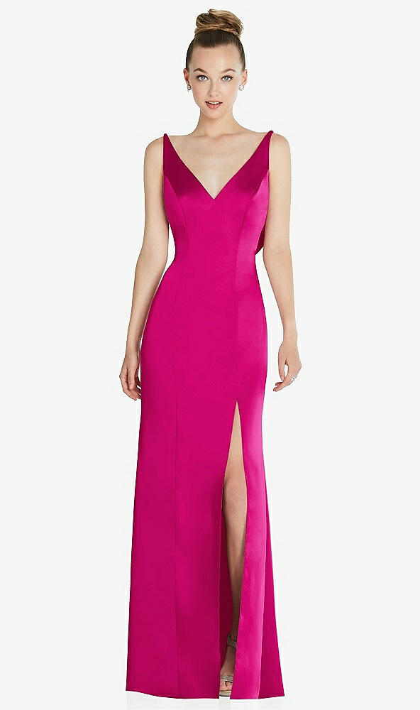 Back View - Think Pink Draped Cowl-Back Princess Line Dress with Front Slit