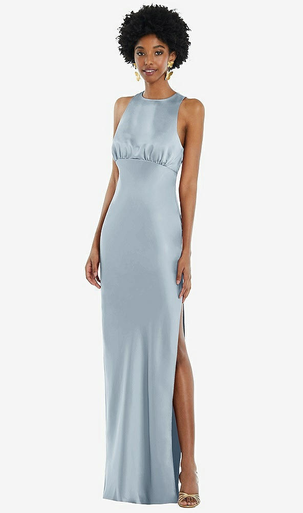 Front View - Mist Jewel Neck Sleeveless Maxi Dress with Bias Skirt