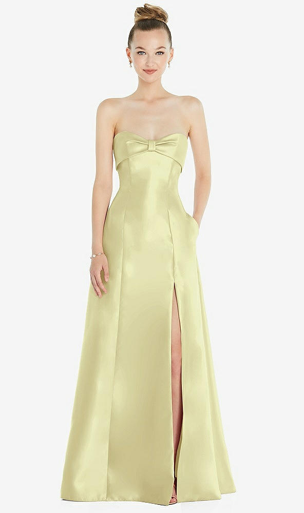 Front View - Butter Yellow Bow Cuff Strapless Satin Ball Gown with Pockets