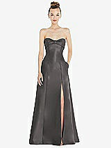 Front View Thumbnail - Caviar Gray Bow Cuff Strapless Satin Ball Gown with Pockets