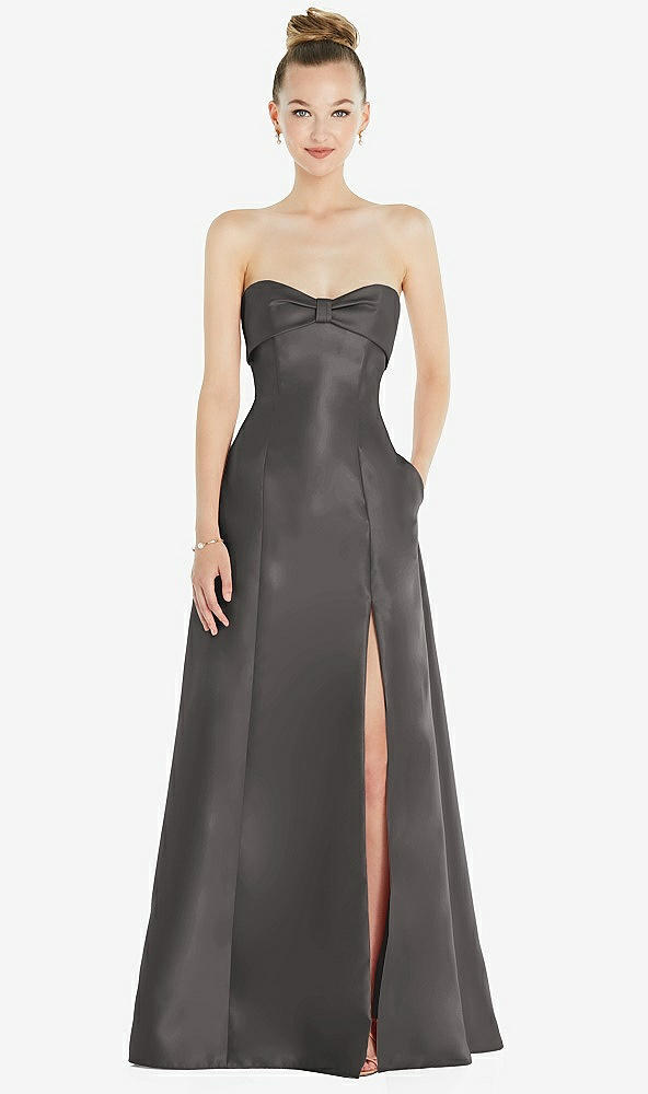 Front View - Caviar Gray Bow Cuff Strapless Satin Ball Gown with Pockets