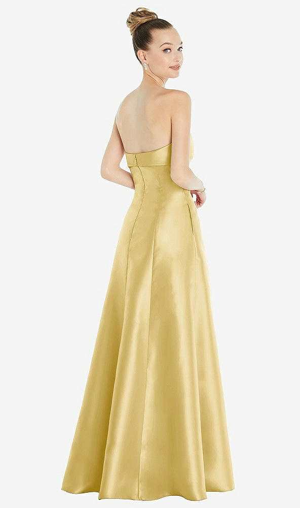 Back View - Maize Bow Cuff Strapless Satin Ball Gown with Pockets