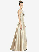 Side View Thumbnail - Champagne Bow Cuff Strapless Satin Ball Gown with Pockets