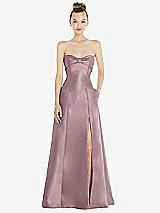 Front View Thumbnail - Dusty Rose Bow Cuff Strapless Satin Ball Gown with Pockets