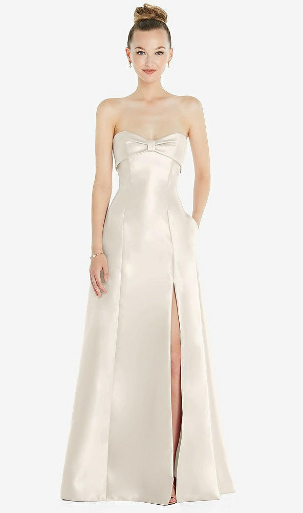 Front View - Ivory Bow Cuff Strapless Satin Ball Gown with Pockets