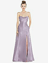 Front View Thumbnail - Lilac Haze Bow Cuff Strapless Satin Ball Gown with Pockets