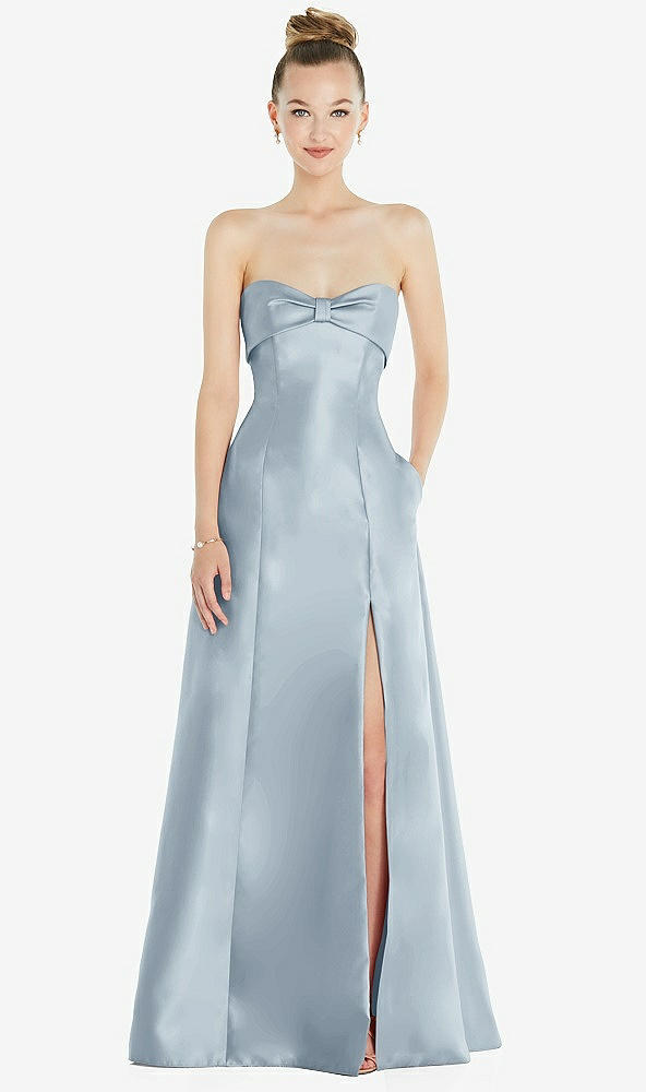 Front View - Mist Bow Cuff Strapless Satin Ball Gown with Pockets