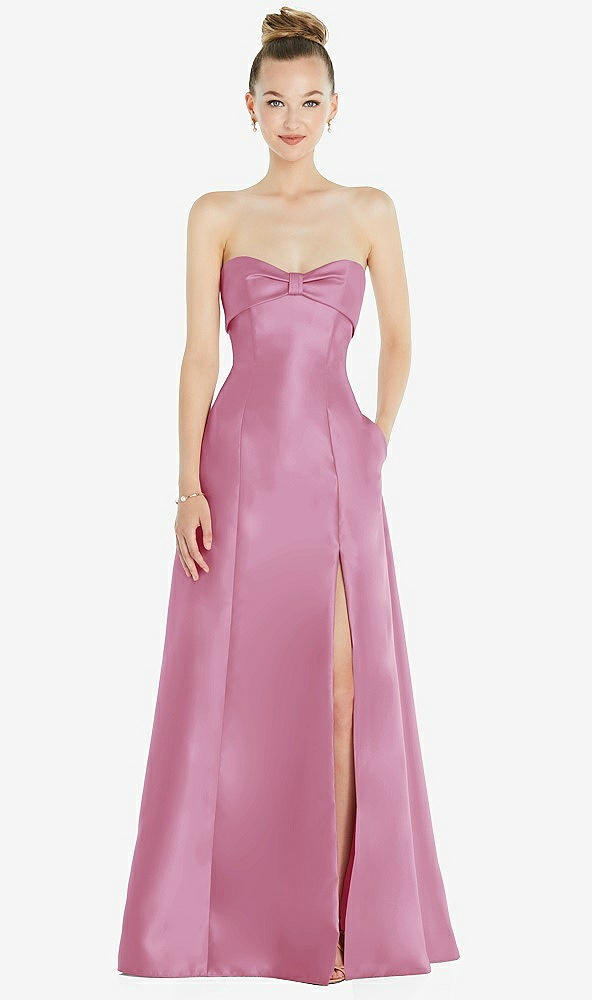 Front View - Powder Pink Bow Cuff Strapless Satin Ball Gown with Pockets