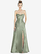 Front View Thumbnail - Sage Bow Cuff Strapless Satin Ball Gown with Pockets