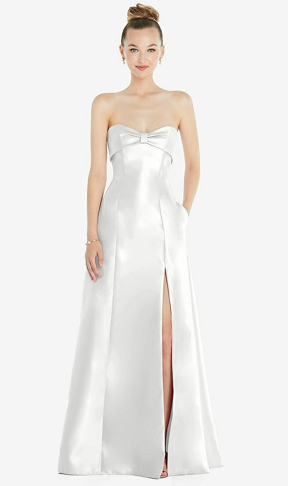 Front View - White Bow Cuff Strapless Satin Ball Gown with Pockets