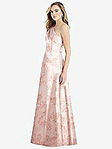 Side View Thumbnail - Bow And Blossom Print Pleated Draped One-Shoulder Floral Satin Gown with Pockets