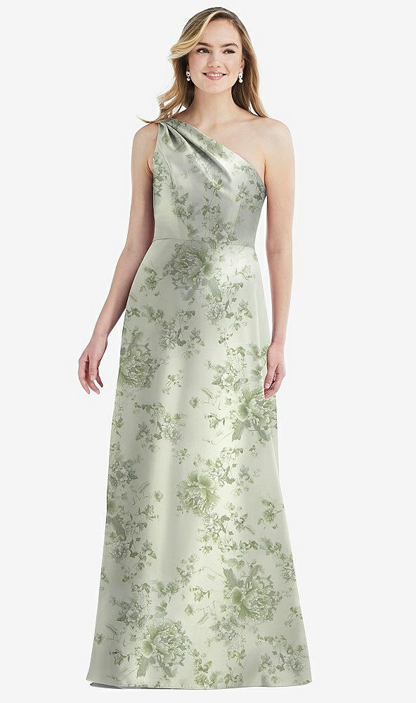 Front View - Sage Cottage Rose Pleated Draped One-Shoulder Floral Satin Gown with Pockets