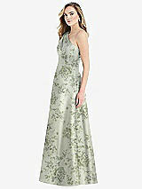 Side View Thumbnail - Sage Cottage Rose Pleated Draped One-Shoulder Floral Satin Gown with Pockets