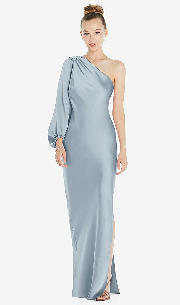 Front View - Mist One-Shoulder Puff Sleeve Maxi Bias Dress with Side Slit